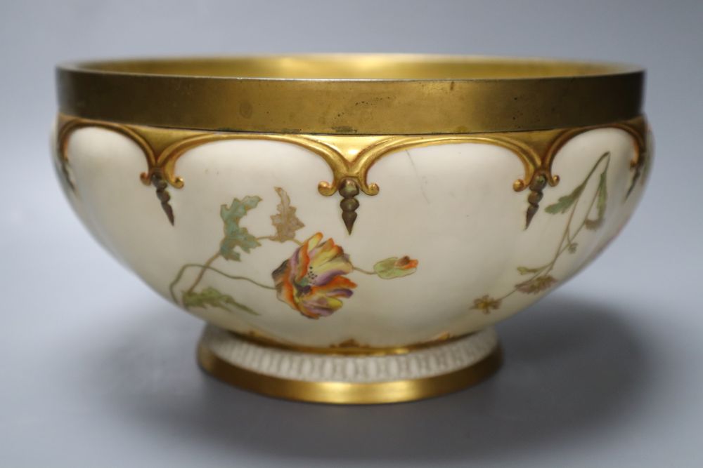 A late Victorian Royal Worcester ivory porcelain salad bowl and servers, with gilt metal mounts, date code 1892, bowl 24cm diameter